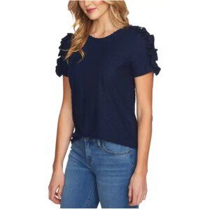 CeCe || Mixed Media Navy Clip Knit Top